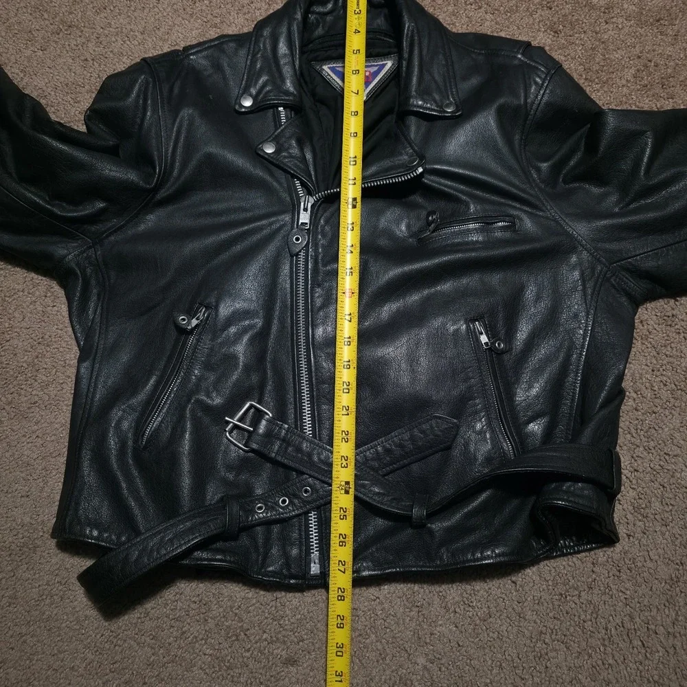 Vintage MOB Black Leather Motorcycle Jacket Mens 52 Biker Moto Riding Heavy Belt